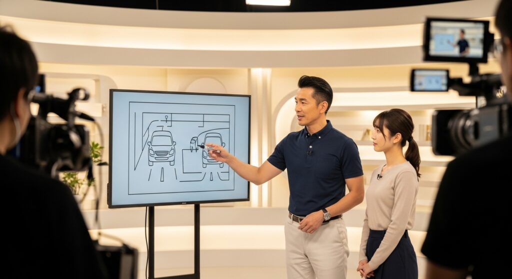 テレビスタジオで、ドライビングインストラクターが大型モニターを使って車線変更の図を指しながら解説している。隣に女性が立ち、複数のカメラが収録している様子。
