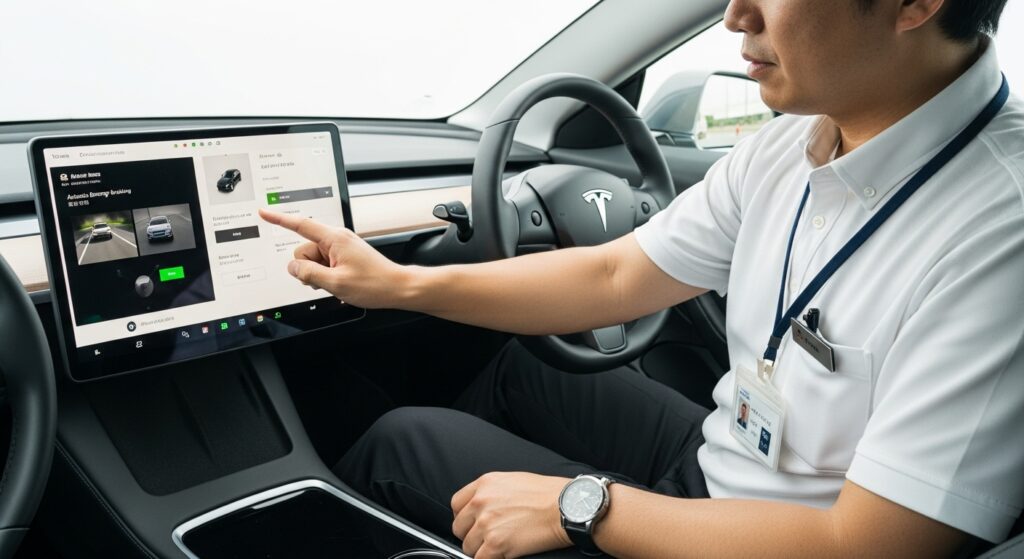 右ハンドルのテスラModel 3で、インストラクターがセンターディスプレイを操作し、安全装置の設定を確認している様子