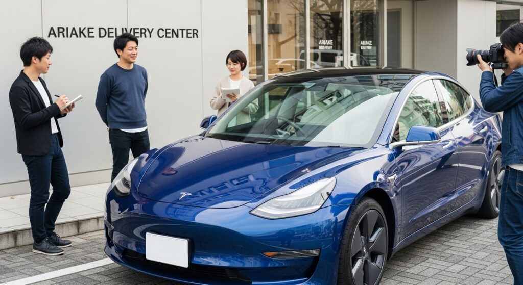 有明デリバリーセンターで納車したばかりのテスラModel 3と一緒に、ライターとカメラマンから取材を受けるオーナーの様子。車体の青いボディが鮮やかに反射している。