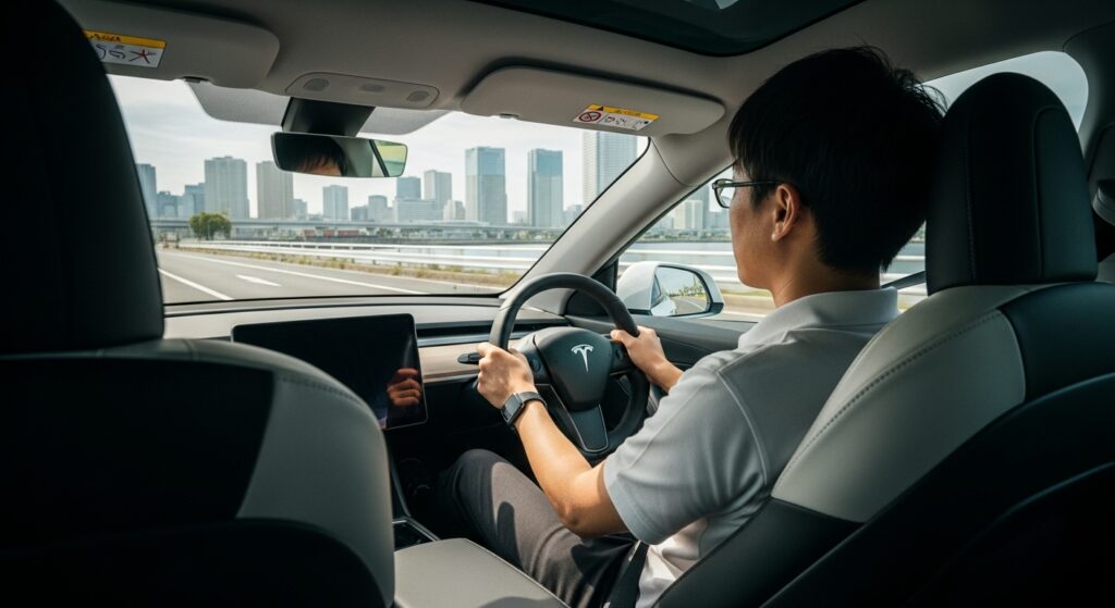 首都高を走行するテスラModel 3の車内。運転席の男性が落ち着いた表情でハンドルを握り、実走行講習を受けている様子