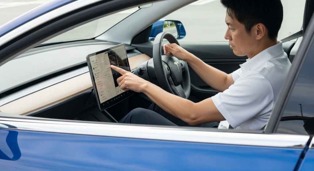 テスラModel 3の車内でインストラクターがタッチスクリーンを操作し、各種設定や機能を確認している様子