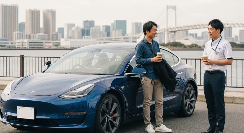 お台場の海沿いでテスラModel 3を停め、コーヒーを飲みながらインストラクターと講習内容を振り返る40代男性