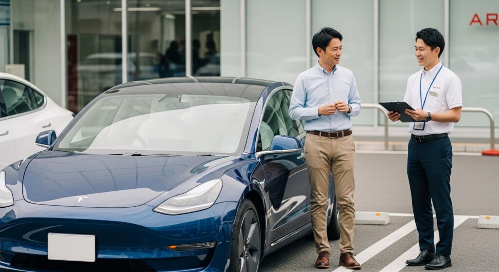有明デリバリーセンターで納車されたテスラModel 3と、インストラクターと打ち合わせをする40代男性