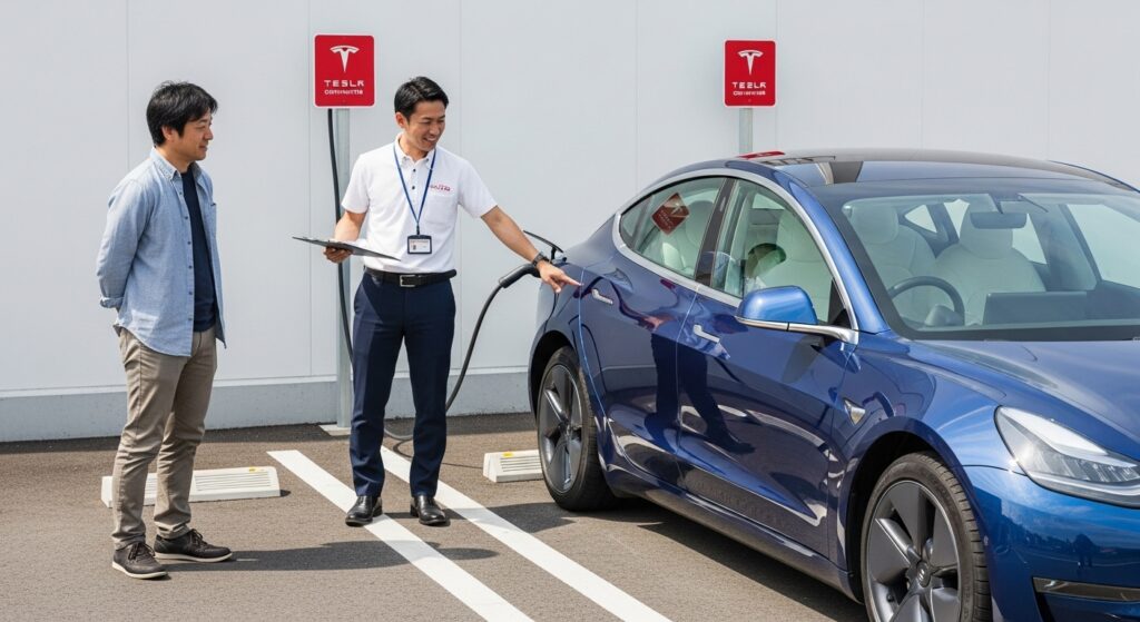 テスラModel 3を充電スポットに停め、インストラクターが充電ケーブルの差し込み方を説明しているシーン
