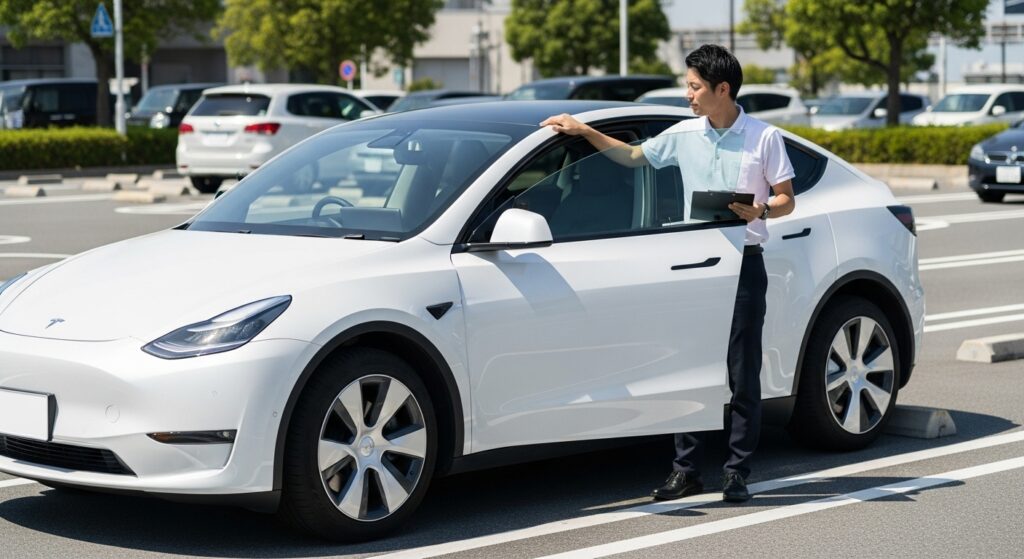 駐車場で白いテスラModel Yの横に立ち、タブレットを持って講習準備をするインストラクター