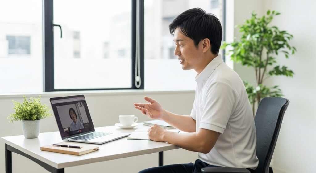 インストラクターがオフィスでオンライン相談を行い、受講者にペーパードライバー講習のプランを説明している様子