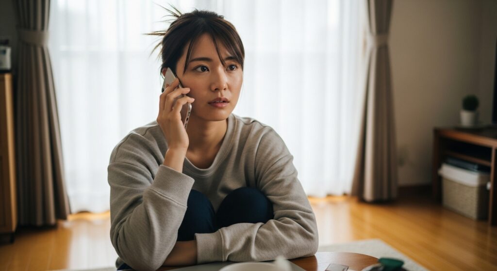 東京ドライビングサポート 90分初回お試し講習|電話で予約状況を確認する女性 "自宅でスマートフォンを耳にあて、真剣な表情で予約の電話をしている若い女性。東京ドライビングサポートの初回お試し講習の空き状況を確認しているシーンをイメージ。"