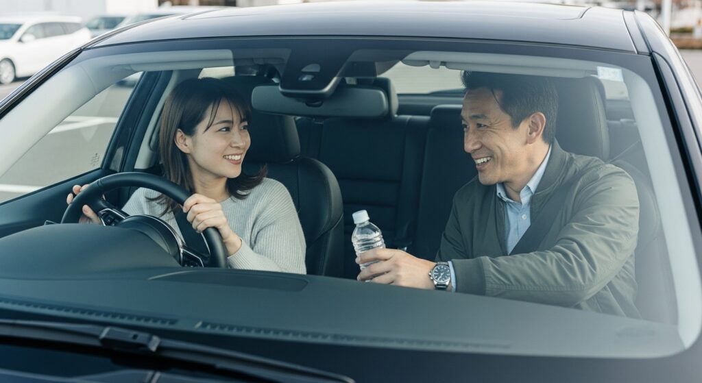 東京ドライビングサポート 90分初回お試しコース|インストラクターと笑顔で会話する車内シーン "車内でインストラクターが受講者にペットボトルの水を渡しているシーン。笑顔で会話しながら、東京ドライビングサポートの90分初回お試しコースで安心感を与えている様子。"