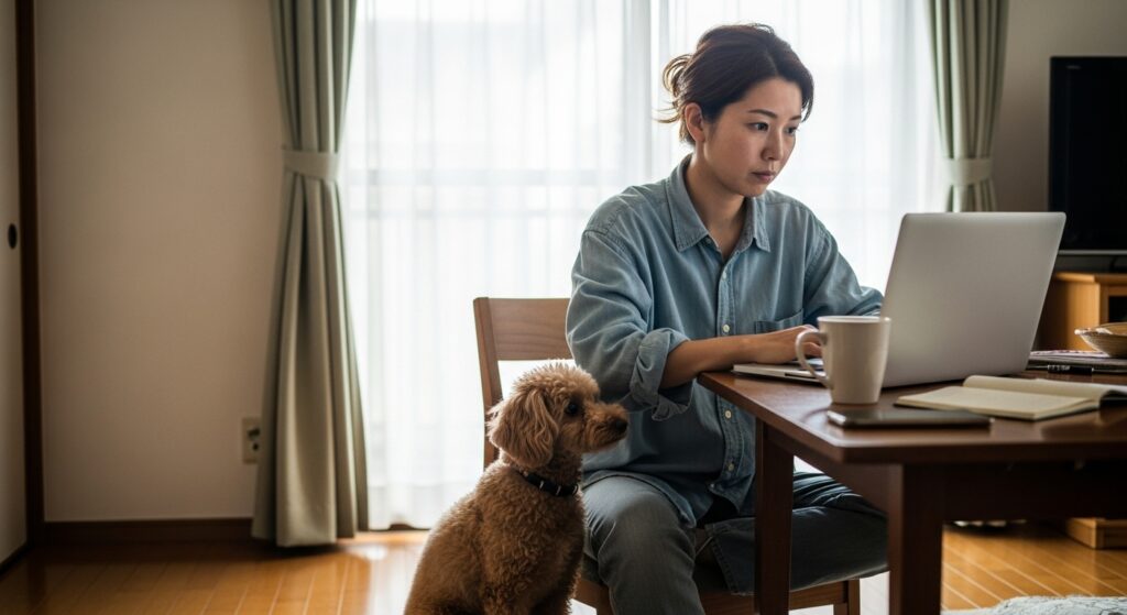東京ドライビングサポート 90分初回お試し講習|口コミで人気拡大した理由 "自宅でノートPCを操作する女性と、その隣でパソコン画面を覗き込むトイプードル。東京ドライビングサポートの講習について口コミを調べているシーンをイメージ。"