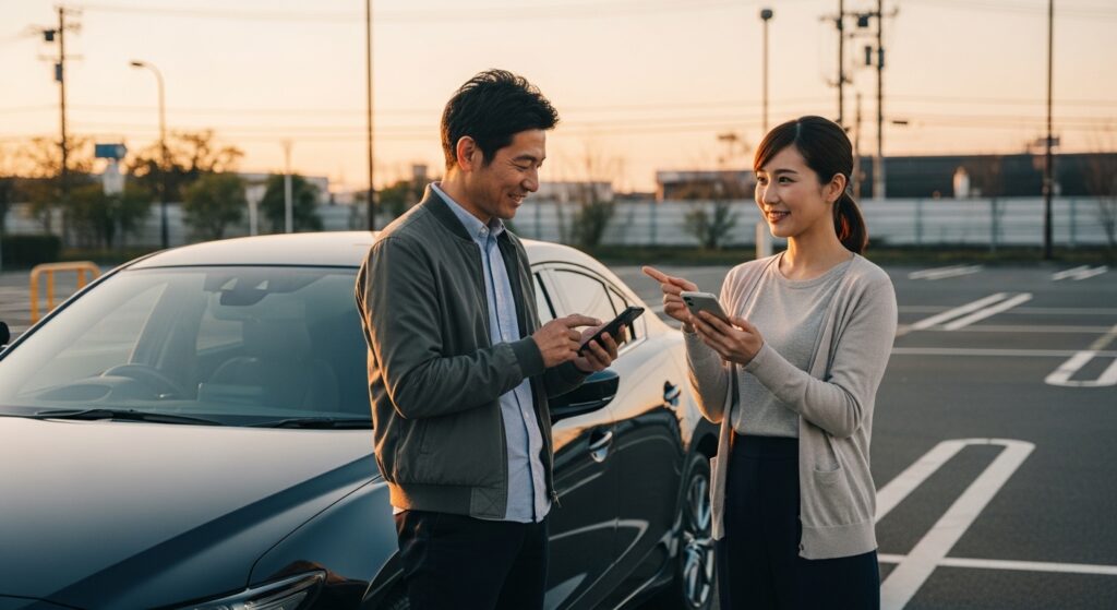 東京ドライビングサポート 次回予約推奨|インストラクターと一緒に駐車場でスケジュール確認 "駐車場でインストラクターと受講者がスマホを見ながら次回講習の予約を一緒に確認している夕方のシーン。計画的に練習を続けるためのスケジュール調整。"
