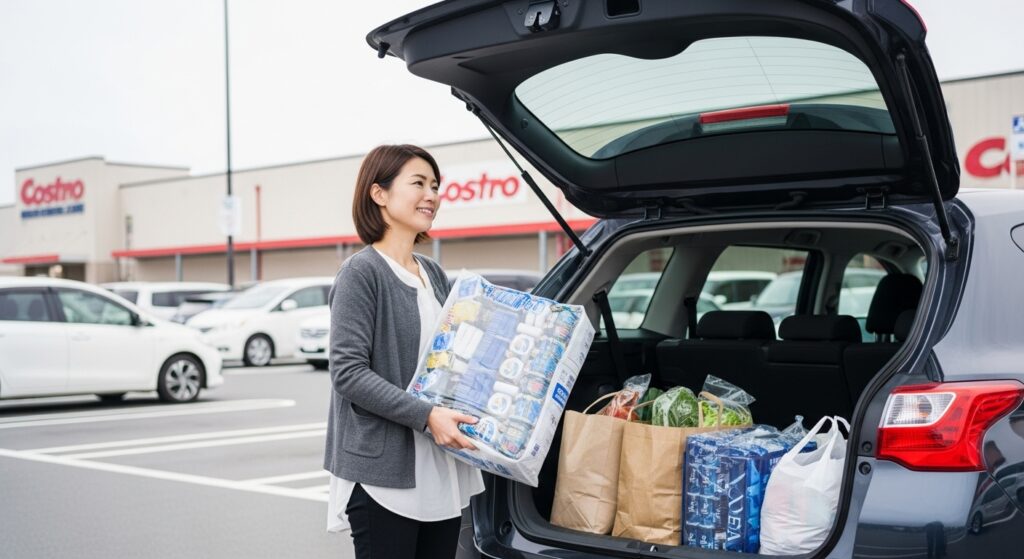 コストコ駐車場で大量の買い物を車のトランクに積み込む40代女性｜東京ドライビングサポート自己判断コース卒業後の生活シーン