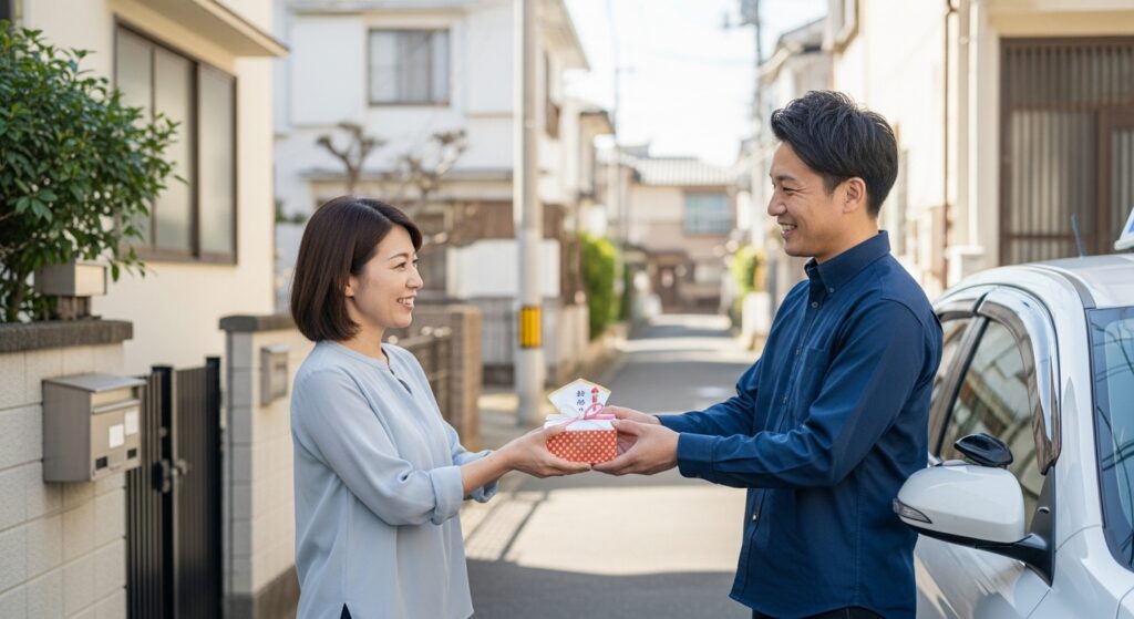 自宅前でインストラクターに菓子折りを渡して感謝を伝える40代女性｜東京ドライビングサポート自己判断コースアフターフォロー