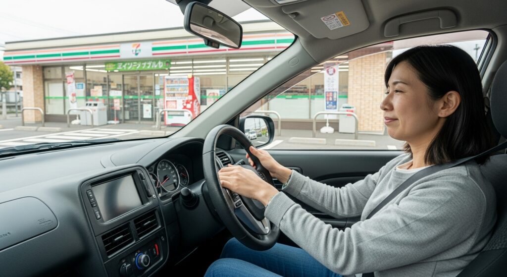 コンビニ駐車場で停車し落ち着いた表情の40代女性｜東京ドライビングサポート自己判断コース練習ルート