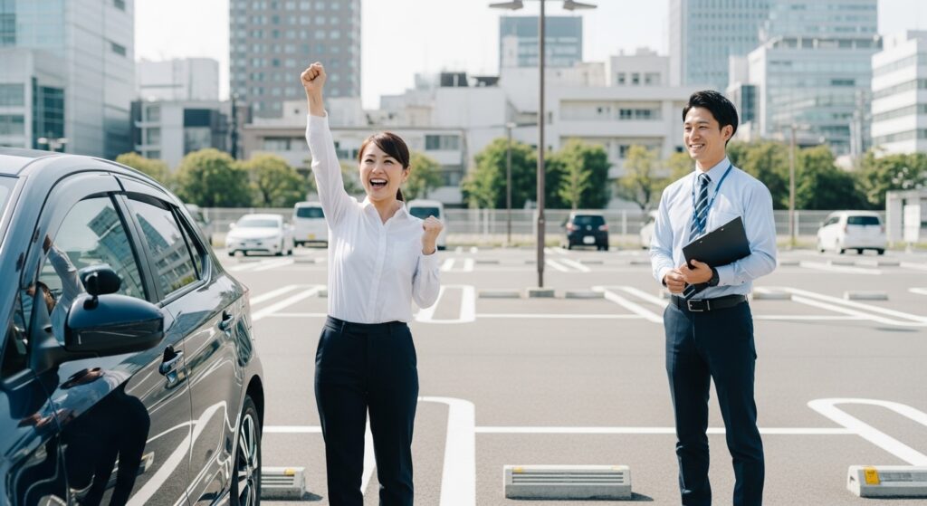 駐車場でガッツポーズする40代女性とインストラクター｜東京ドライビングサポート自己判断コース卒業シーン