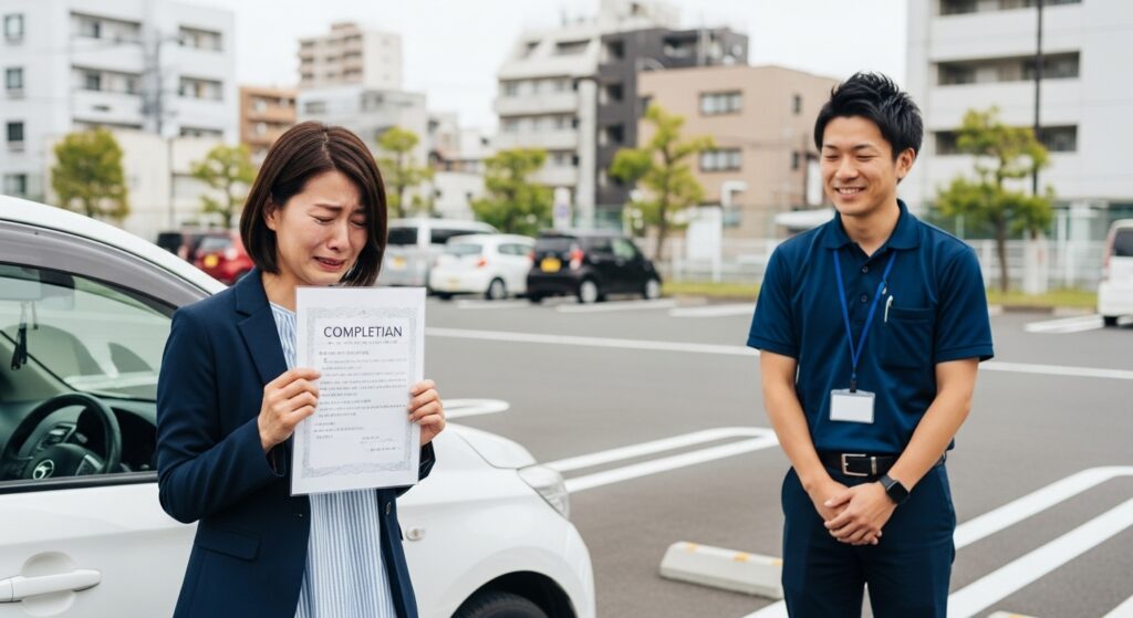 修了証を持ち涙ぐむ40代女性と笑顔のインストラクター｜東京ドライビングサポート自己判断コース卒業シーン