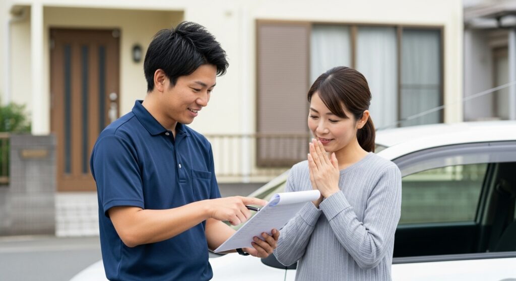 自宅前でインストラクターとチェックシートを確認する40代女性｜東京ドライビングサポート自己判断コース