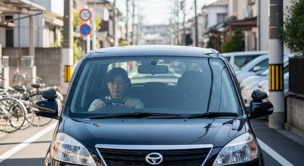 住宅街の細い道路を慎重に走る40代女性ドライバー｜東京ドライビングサポート自己判断コース