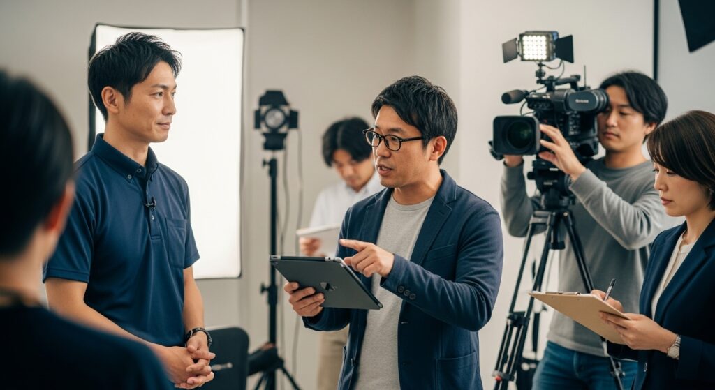 テレビ番組の収録前に、ドライビングインストラクターとメガネをかけたディレクターがタブレットを見ながら打ち合わせしている様子。背景にはカメラマンやスタッフが準備をしている。