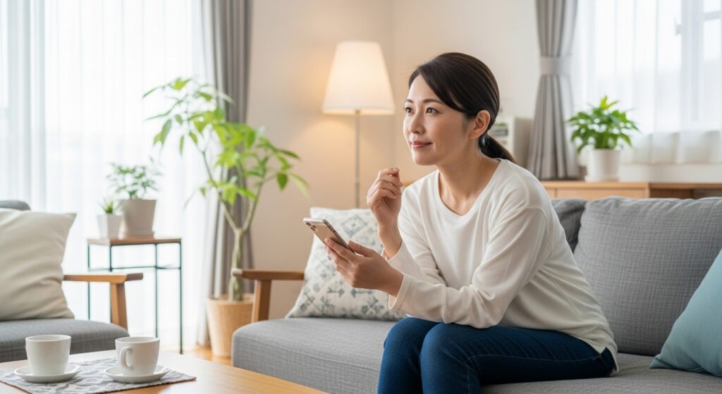 自宅でスマートフォンから相談する40代女性|東京ドライビングサポート 40代の日本人女性が自宅のリビングでスマートフォンを手に問い合わせをしている様子。東京ドライビングサポートへの申込や相談シーンをイメージ。