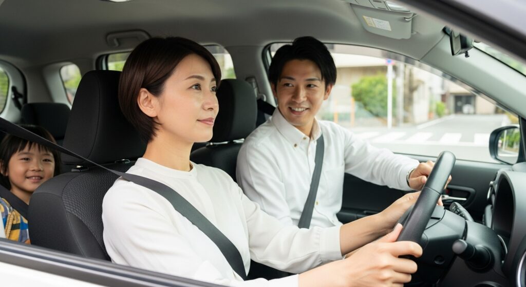 インストラクターと子どもを乗せて運転する40代女性|東京ドライビングサポート 40代の日本人女性が車を運転し、助手席にはドライビングインストラクター、後部座席には子どもが座っている。東京ドライビングサポートの講習風景。