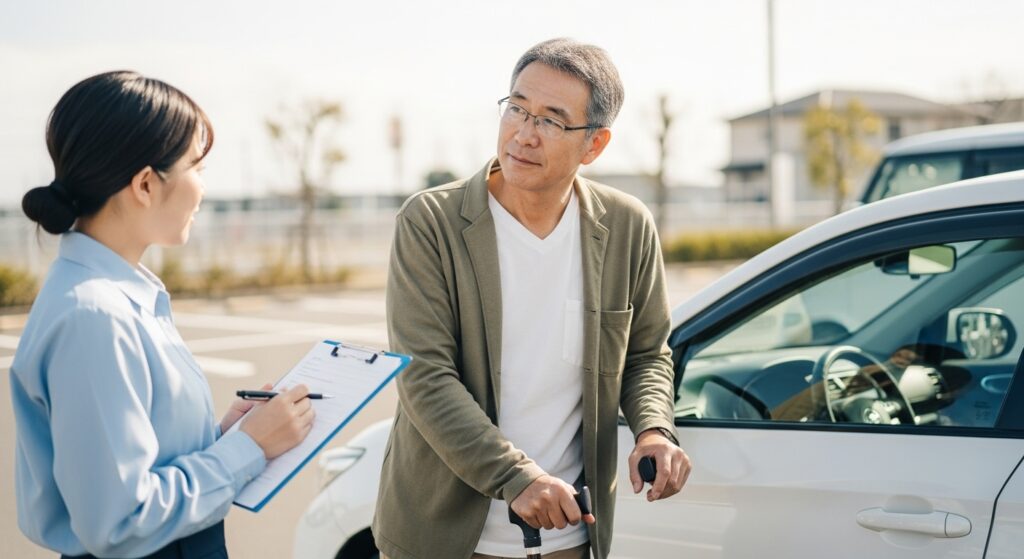 右手運転講習のチェックシートを確認する男性とインストラクターの対話シーン|東京ドライビングサポート 駐車場で、右手に杖を持つ男性がインストラクターとチェックシートを見ながら会話している。講習の進行を確認しながら、無理のないペースで安全運転の練習を進めている。