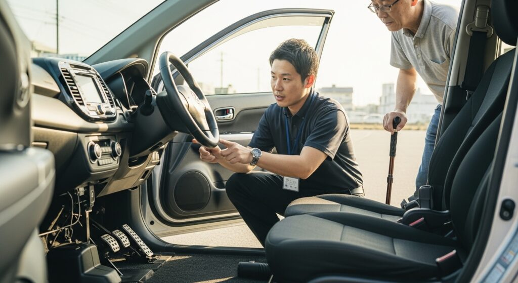 補助ブレーキの操作説明を行うインストラクターと受講者の確認シーン|東京ドライビングサポート 右手に杖を持つ男性が、インストラクターから補助ブレーキの仕組みについて説明を受けている。インストラクターは車内で装置を指し示しながら、安全運転のための操作方法を丁寧に説明している。
