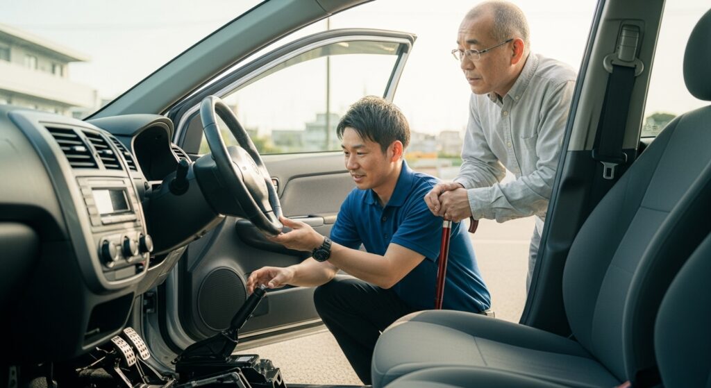 右手操作に最適化された特別車両の補助ブレーキ説明シーン|東京ドライビングサポート 右手に杖を持つ男性が、インストラクターから右手操作に対応した補助ブレーキの説明を受けている。安全に運転できる特別車両の仕組みを学ぶシーン。