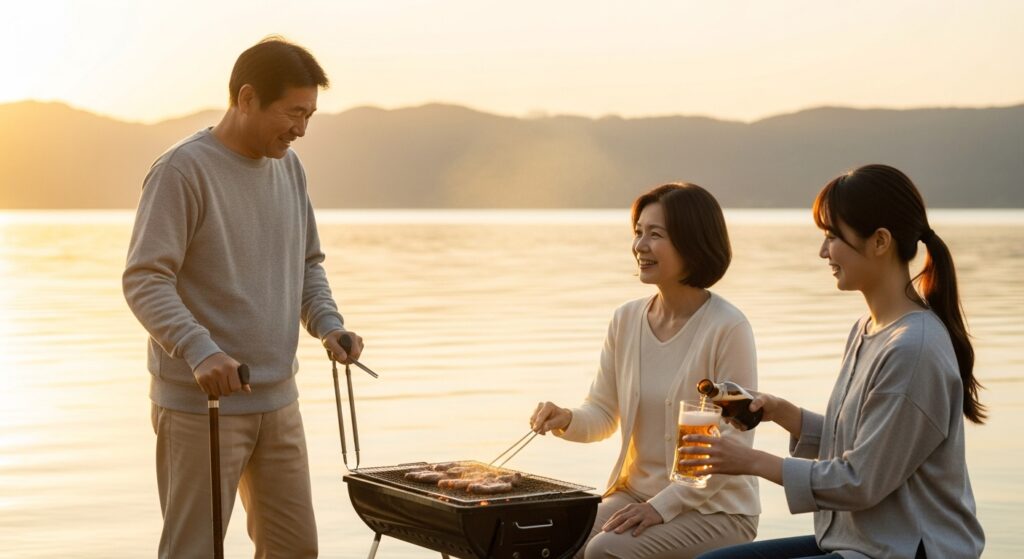 湖畔で家族と過ごす夕暮れのひととき|右手運転講習を終えた男性の笑顔と家族の支え 湖畔の夕暮れ、杖を持つ男性が家族とバーベキューを楽しんでいる。妻が肉を焼き、娘がビールを注ぐ穏やかな時間。リハビリ後の自由を感じる温かいシーン。
