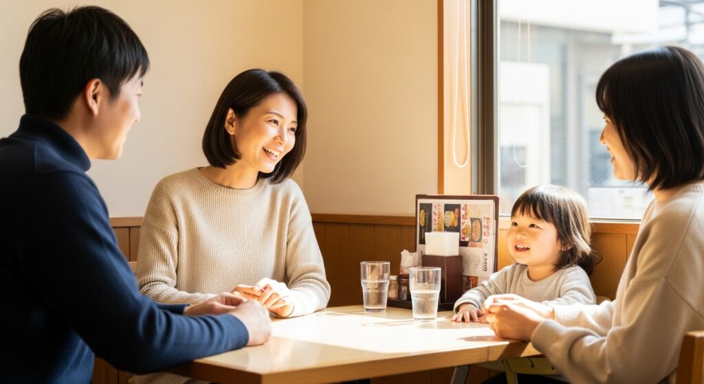 ファミリーレストランで笑顔で会話する家族と友人|東京ドライビングサポート ファミリーレストランで40代の女性と家族、友人が笑顔で会話している様子。東京ドライビングサポートの受講者同士のつながりをイメージした温かいシーン。