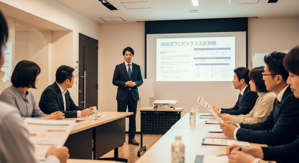 東京ドライビングサポート フランチャイズ募集要項説明会 2025 東京ドライビングサポートのフランチャイズ説明会で、インストラクターがプロジェクターを使い募集要項を解説している様子