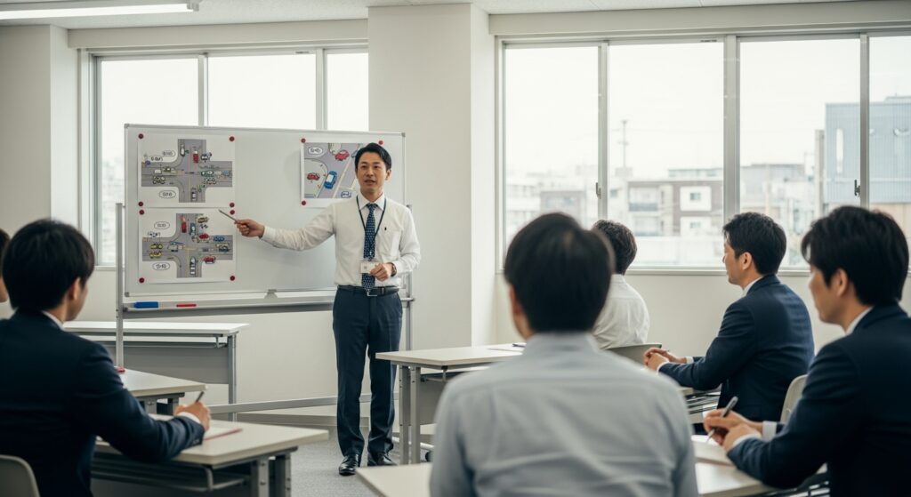 東京ドライビングサポート フランチャイズ説明会 東京ドライビングサポートのフランチャイズ説明会で、インストラクターがホワイトボードを使って受講者に指導している様子