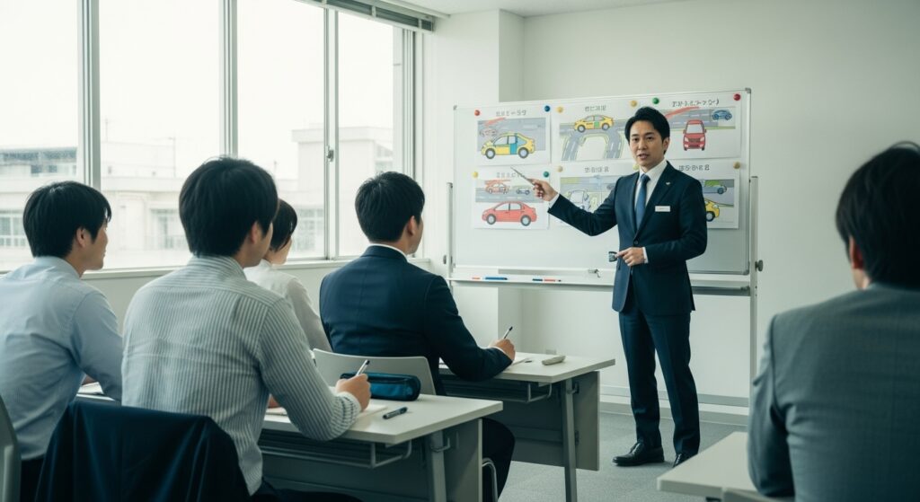 東京ドライビングサポート フランチャイズ説明会 2025 東京ドライビングサポートのフランチャイズ説明会で、インストラクターがホワイトボードを使い加盟希望者へ指導している様子