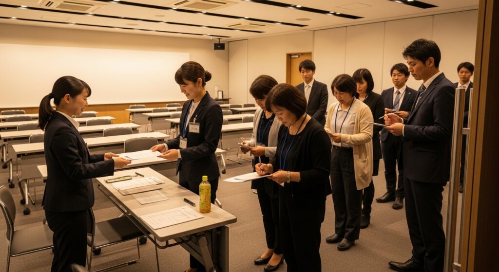 東京ドライビングサポート フランチャイズ説明会受付 2025 東京ドライビングサポートのフランチャイズ説明会で、受付に並ぶ加盟希望者たちの様子