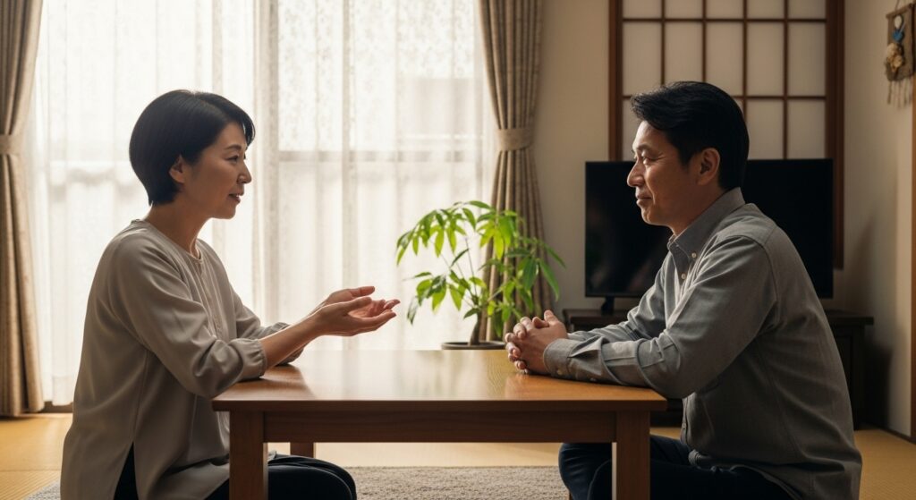 ペーパードライバー 夫婦が話し合う プロ講習への切り替え 自宅のリビングで向かい合って穏やかに話す50代の夫婦。家族での教習からプロ講習へ切り替える前に、気持ちを伝え合う大切さを表現したシーン。