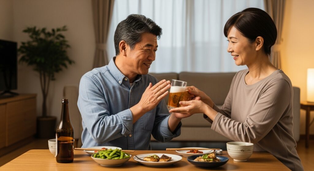 ペーパードライバー 夫婦の夕食 ビールを注ぐ 講習後の安堵感 50代の日本人夫婦が自宅で夕食を囲み、妻が夫にビールを注ぐ穏やかなシーン。運転練習の緊張から解放され、リラックスした時間を過ごしている様子。