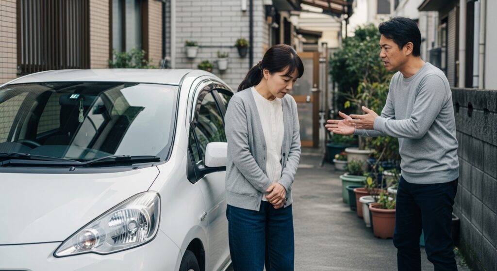 ペーパードライバー 夫に教わる 駐車練習で緊張する妻 狭い住宅街で、白い車の前に立つ50代の女性がうつむき、夫に注意されている様子。自宅前での練習中に緊張してしまうリアルなシーン。