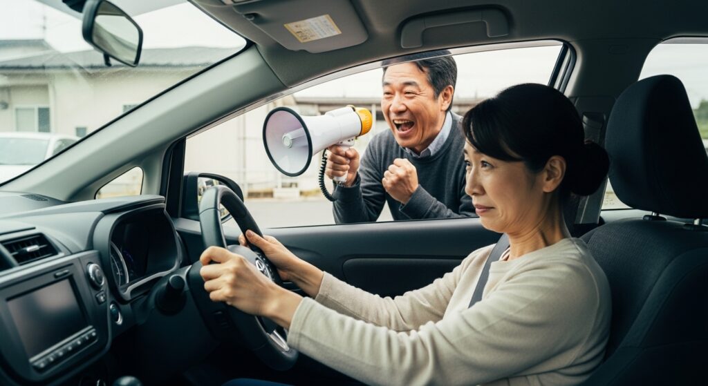 ペーパードライバー 夫が応援 妻の運転練習 サポートスタイル メガホンで声援を送る50代の夫と、運転練習を頑張る妻。教えない“サポート型”ペーパードライバー練習の新しい形。