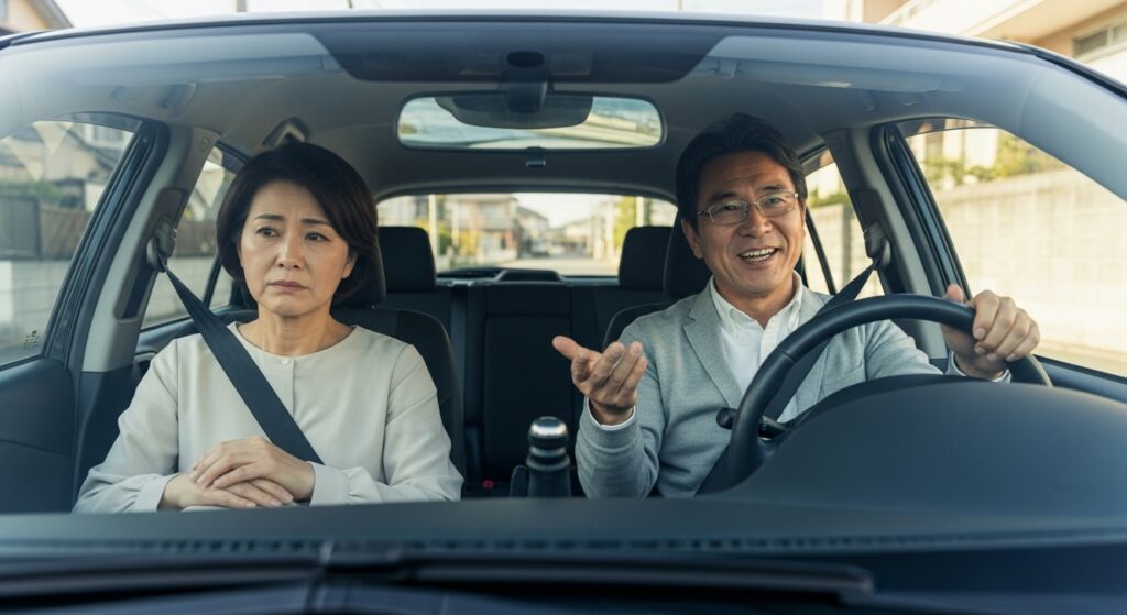 ペーパードライバー 夫が運転 妻が落ち込む 教える難しさ 自信満々に運転しながら説明する夫と、助手席で少し落ち込んだ表情を見せる妻。運転の上手さと教える上手さは別だと伝えるシーン。