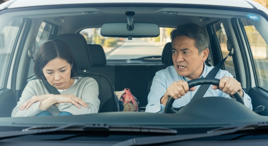 ペーパードライバー 夫に教わる 緊張の車内シーン ペーパードライバー講習でよくある「夫に教わって緊張してしまう」場面を描いた写真。夫が指導し、妻が不安そうにしている車内シーン。