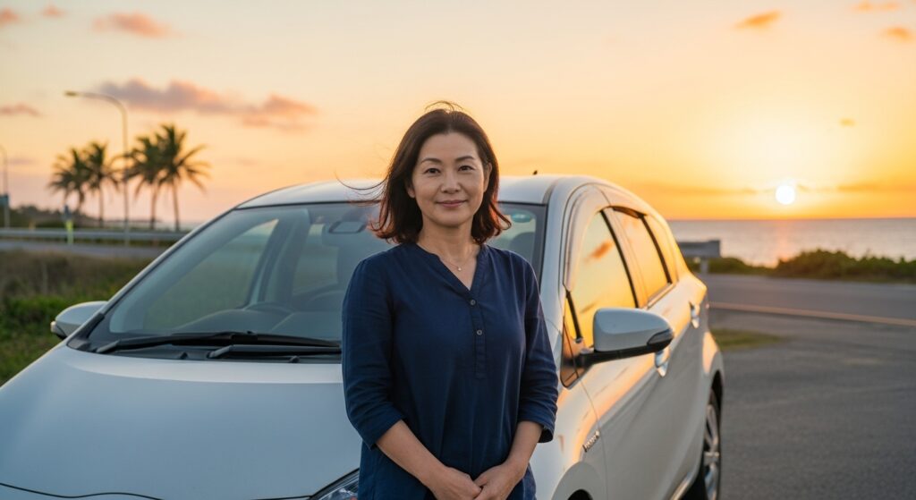 ペーパードライバー 沖縄の海辺 夕日を背に立つ女性 講習後の自信と自由 沖縄の海辺で夕日を背に車の前に立つ日本人女性。かつて運転に不安を感じていた彼女が、自信を取り戻した穏やかな笑顔を見せる。