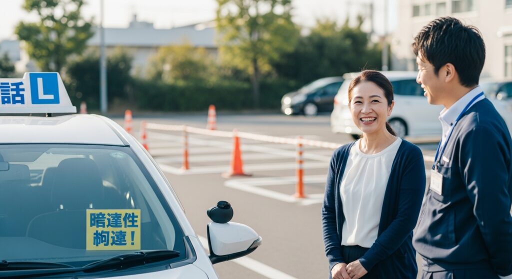 ペーパードライバー講習 女性とインストラクター 笑顔 東京ドライビングサポート 東京ドライビングサポートのペーパードライバー講習で、教習車の横に立ち、インストラクターと笑顔で会話する50代女性。安心感と信頼が伝わるワンシーン。