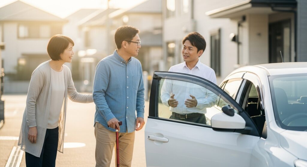 右手に杖を持つ男性と妻、インストラクターによる講習前の打ち合わせシーン|東京ドライビングサポート 右手に杖を持つ男性が、自宅前でインストラクターと会話している。隣で妻が笑顔で見守り、リハビリを兼ねた運転講習の出発を温かく支える様子。