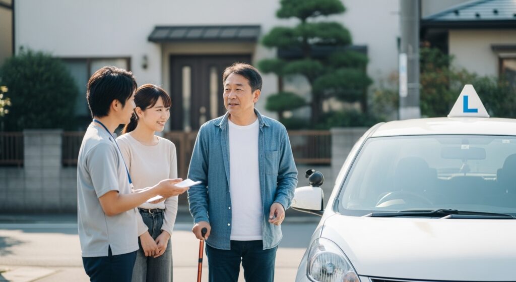 家族とインストラクターに見送られるリハビリ運転講習の出発シーン|東京ドライビングサポート 杖を持つ男性が、自宅前でインストラクターと娘と話している。家族に見送られながら、リハビリを兼ねた運転講習に出かける準備をしている様子。