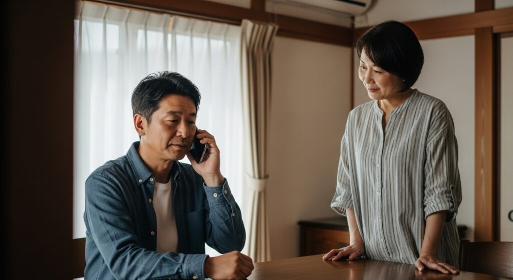 右手で電話相談をする男性と、それを優しく見守る妻のリビングシーン|東京ドライビングサポート 右手でスマートフォンを持ち、運転講習の相談電話をしている男性。隣で妻が優しく見守っており、穏やかな家庭の中で再出発を考える様子。
