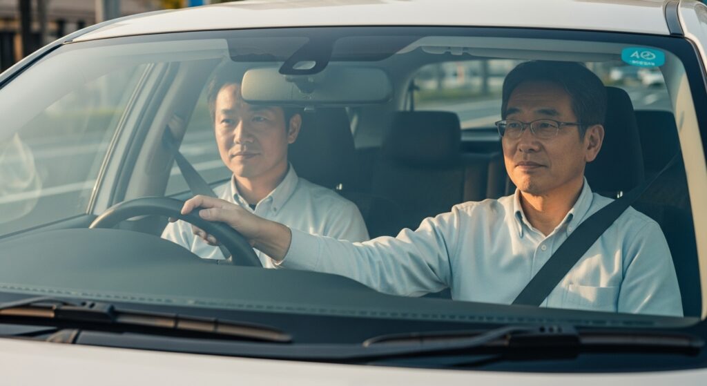 右手のみでの運転練習を行う男性とインストラクター|東京ドライビングサポート 右手だけでハンドルを操作しながら運転している男性と、助手席で見守るインストラクター。慎重で安定した運転姿勢を保つ講習シーン。