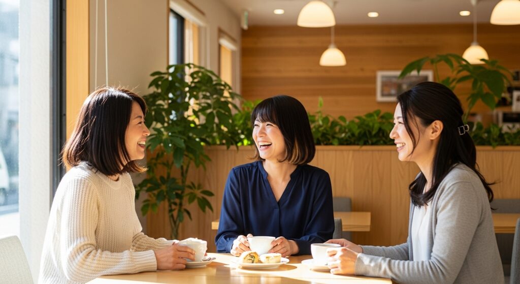 カフェで会話を楽しむ40代女性たち|東京ドライビングサポート 40代の日本人女性がカフェで笑顔で会話している様子。温かい雰囲気の中でコーヒーを楽しんでいる。
