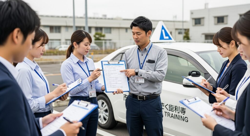 法人向け運転研修プログラムのチェックシート指導風景 東京ドライビングサポートの法人向け運転研修。インストラクターが屋外で社員にチェックシートを用いて指導している様子。