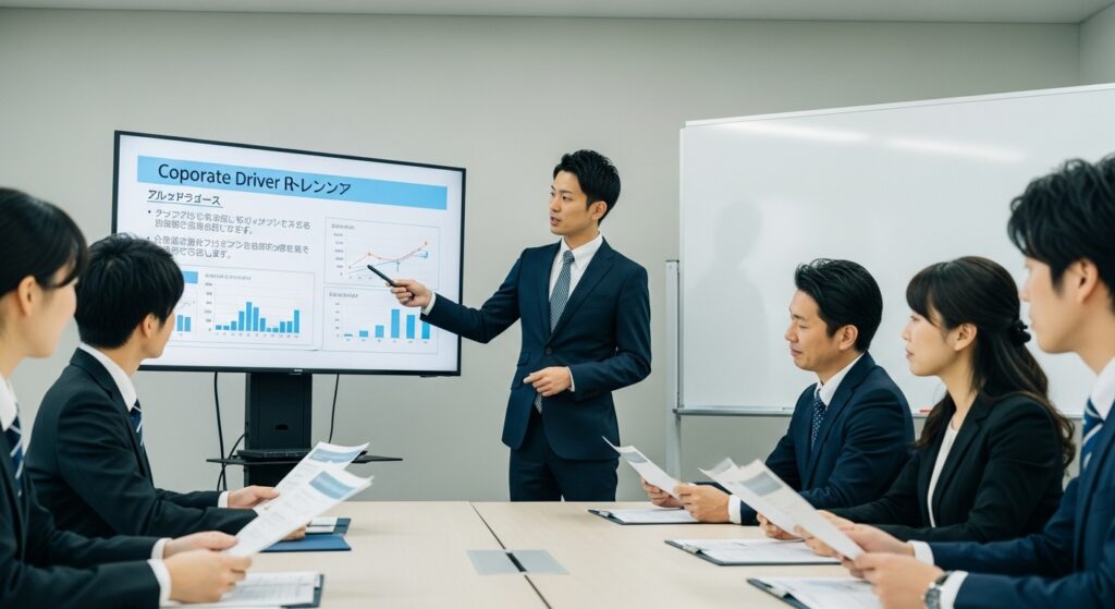 法人向け運転研修の導入説明シーン。初めての企業様でも安心して取り組めるよう、明確なプロセスを提示しています。 東京ドライビングサポート 法人向け運転研修 導入説明プレゼン