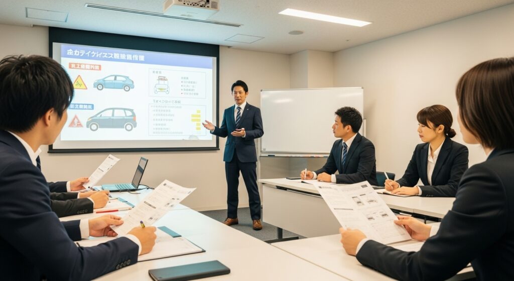 「東京ドライビングサポートの法人向け運転研修セミナー風景」 東京ドライビングサポートの法人向け運転研修。講師が会議室で安全運転の理論を説明し、社員が資料を見ながら受講している様子。