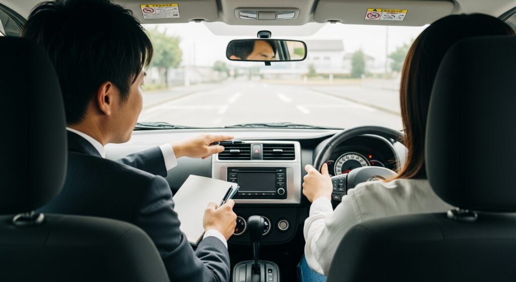 法人向け運転研修|インストラクターが助手席から安全運転を指導 東京ドライビングサポートの法人向け運転研修で、インストラクターが助手席から社員ドライバーに指導している場面